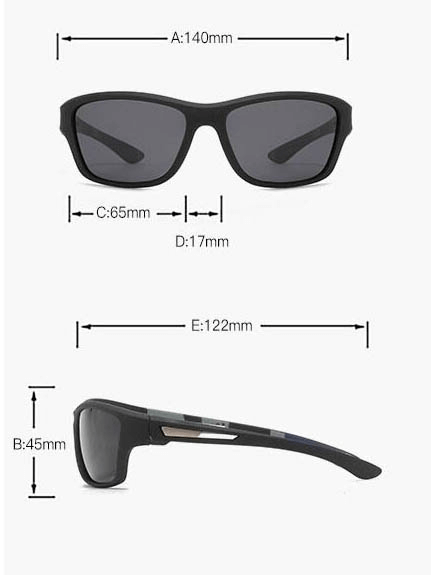 Diagram of Driving Sports Polarized Sunglasses with measurements, showcasing sleek design and UV400 protection for outdoor activities.